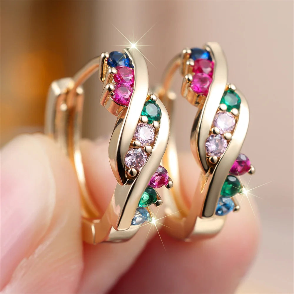 Multicolor Crystal Small Round Stone Twisted Hoop Earrings For Women Vintage Gold Color Ear Buckle Wedding Party Jewelry Gifts