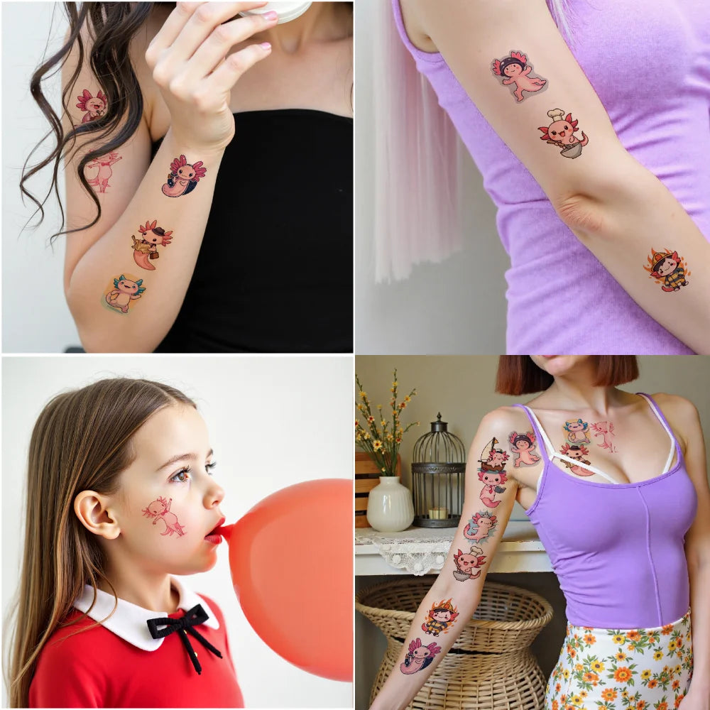 54pcs Temporary Tattoo Cartoon Axolotl Waterproof Long-lasting Body Stickers Cute Axolotl Cartoon For Arms