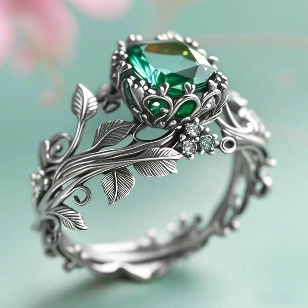 Temperament Retro Green Crystal Hollowed-out Totem Vine Leaves Rings Women's Creative Charm Stainless Steel Finger Jewelry Gift