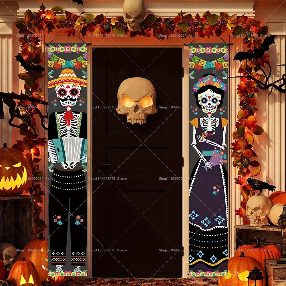 Halloween Decorations Dia De Los Muertos Porch Sign Banners Mexico Day of The Dead Hanging Banner for Indoor Outdoor Wall Decor