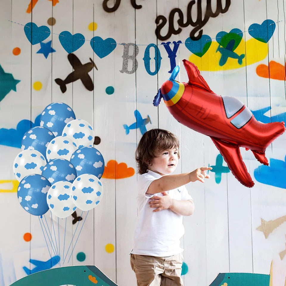 12 Inch Latex Balloon Birthday Party Decoration Kid Boy Blue White Cloud Balloon Birthday Airplane Banner Party Balloon 10pcs