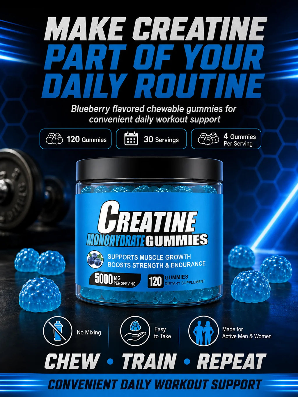 Creatine Monohydrate Gummies 5000mg Per Serving, 120 Gummies for Muscle Strength, Endurance & Energy, Dietary Supplement