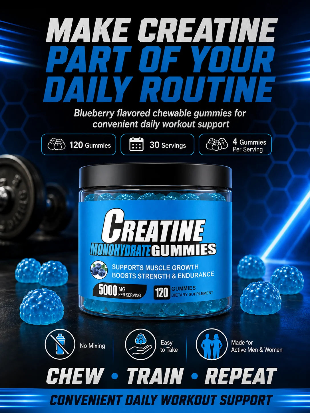 Creatine Monohydrate Gummies 5000mg Per Serving, 120 Gummies for Muscle Strength, Endurance & Energy, Dietary Supplement