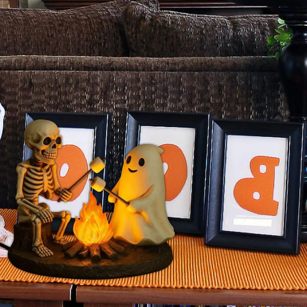 Halloween Skeleton & Ghost Bonfire Night Lamp, Flickering Campfire Nightlight, Spooky Indoor Tabletop Home Decoration Ornament