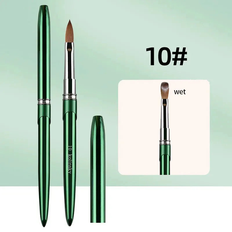 100% Kolinsky Acrylic Nail Brush 1Pcs Green Crimped Metal Handle Drawing Brush for Acrylic Powder Size 2-18