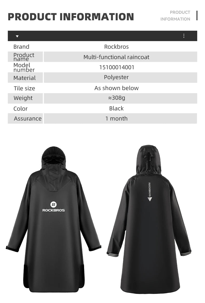 ROCKBROS Bicycle Raincoat Cycling Jacket Poncho Rainproof Hooded Coat Commute Rain Cape Electromobile Waterproof Windproof Cloak