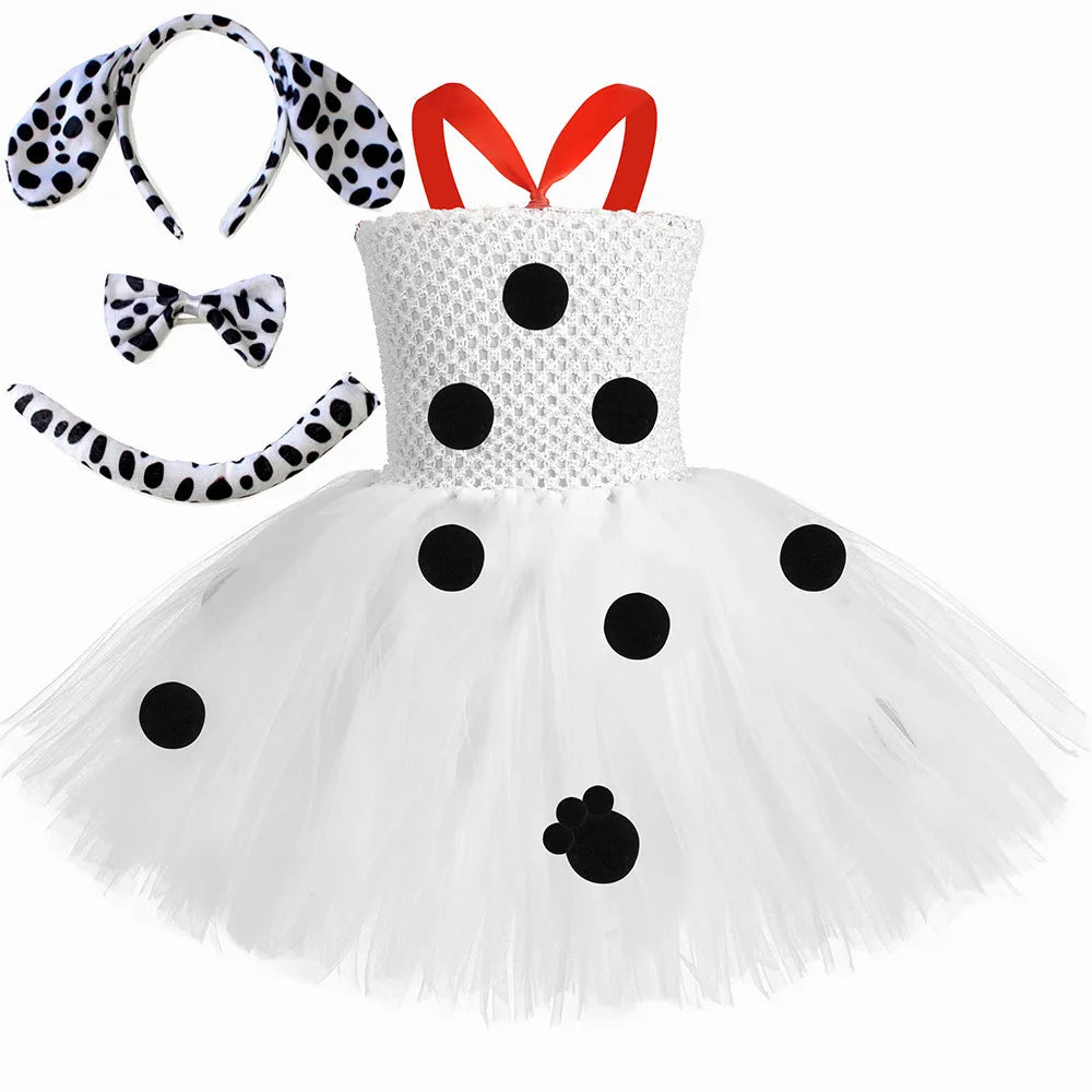 HJTT Toddler Girls Dalmatian Dog Costume Polka Dot Spotted Puppy Tutu Dress Dalmatians Costume for Kids Halloween Party Dress Up