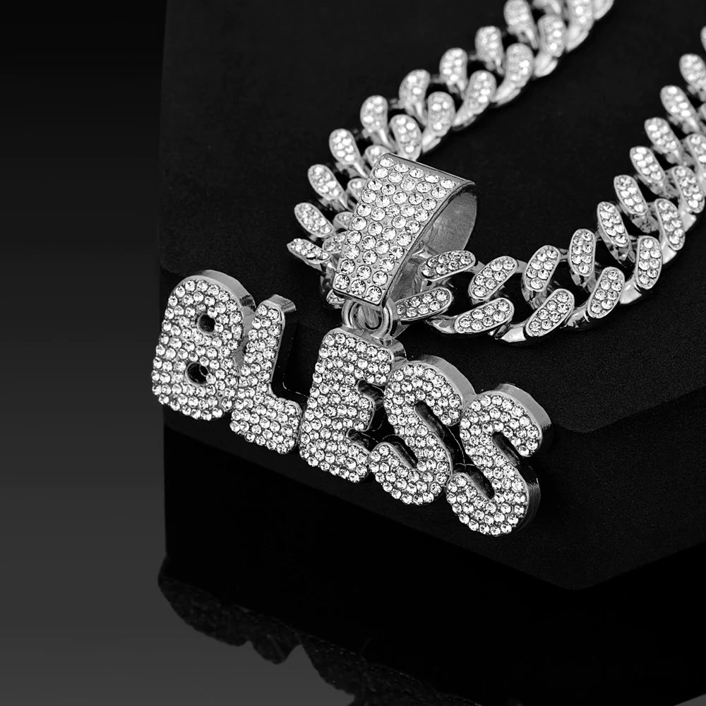 Hip Hop Letter BLESS Pendant Necklace for Women Men Shiny Rhinestones 13MM Cuban Chain Crystal Necklaces Fashion Jewelry Gifts
