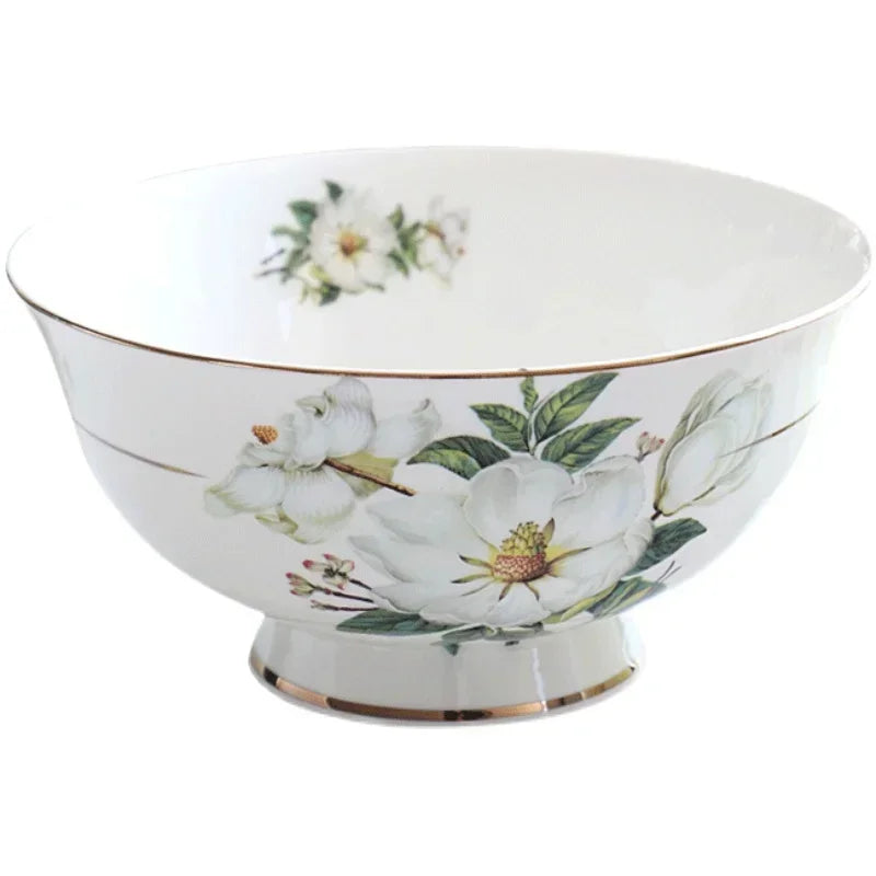 Bone China Dinnerware, Household Ceramic Rice Bowl, Deep Dishes, Soup Pots, Steak Flat Plate, Delicate Floral Tableware