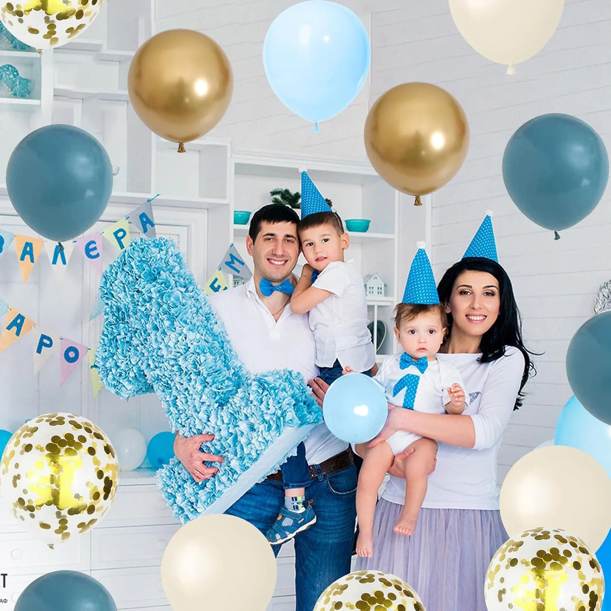 62Pcs Macaron Blue Confetti Balloon Set For Bohemian Baby Showers, Weddings, Boys' Birthdays, Graduation Decorations