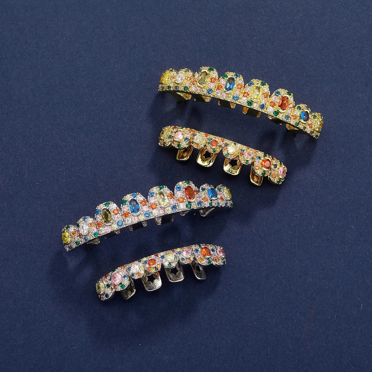 JINAO Rainbow Candy Color CZ Hip Hop Full Iced Out 8 Teeth Small Siz Set Grillz Men Top&Bottom Punk Rapper Halloween Cospla