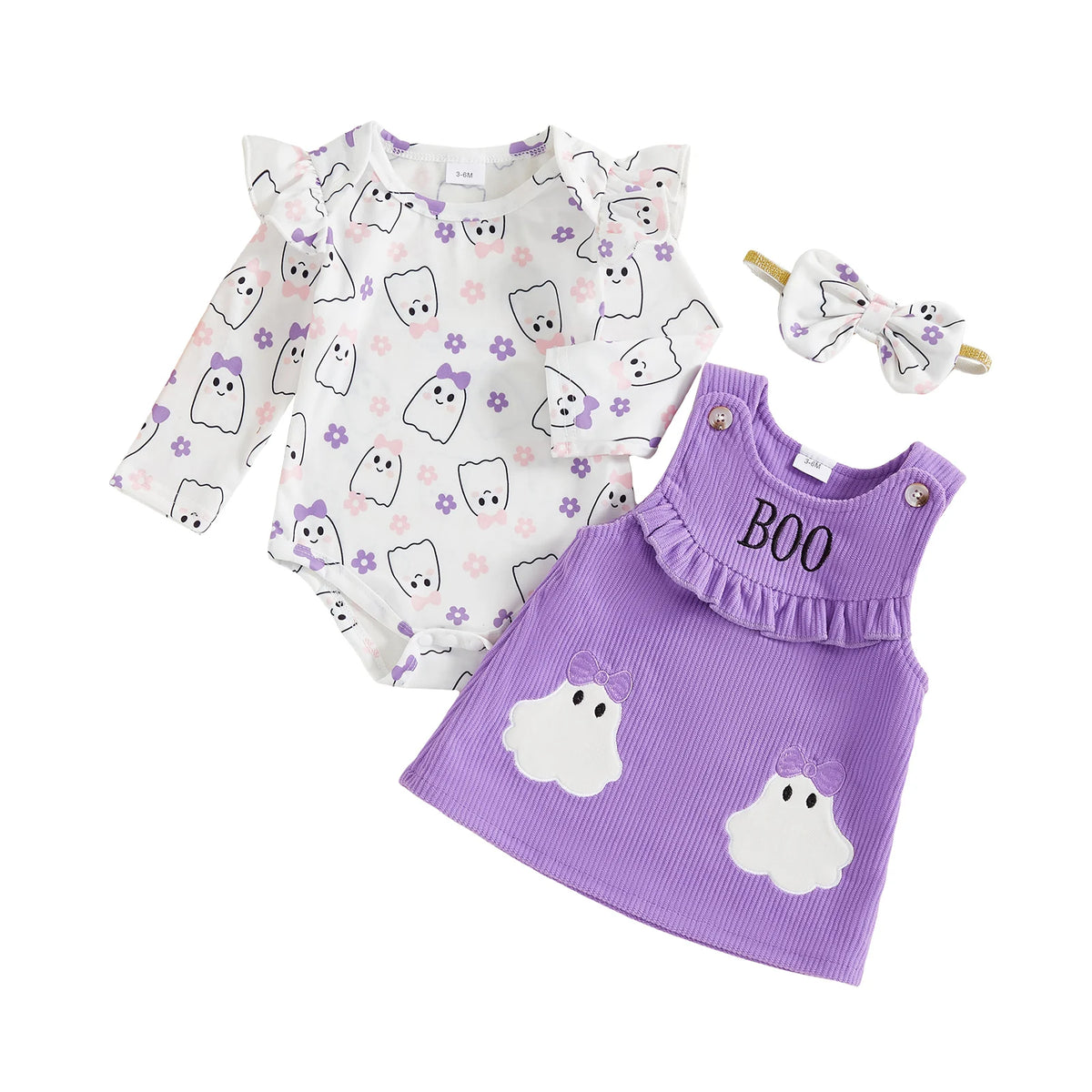 0-18M Baby Girl Halloween Outfit Long Sleeve Romper Pumpkin Print Overall Dress Headband Set Newborn Fall Clothes