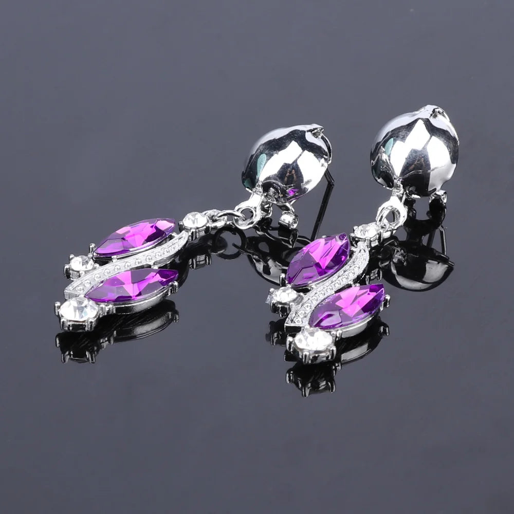 Luxury Silver Color Purple Crystal Bridal Jewelry Sets for Brides Necklace & Earrings Set Wedding Party Costume Accessories