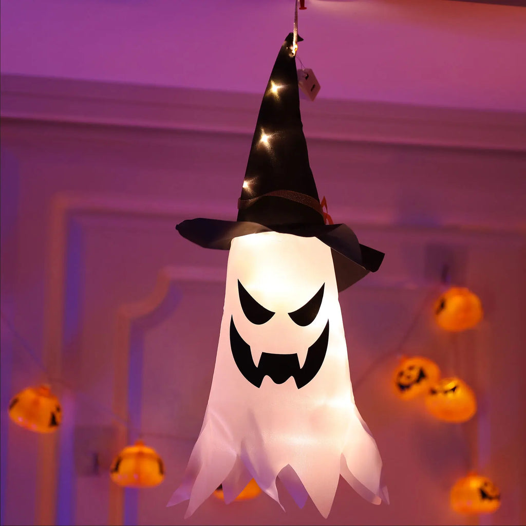 Halloween Hanging Ghost Decorations Outdoor, Glowing Ghost with Witch Hat String Lights for Yard Patio Garden Tree Decoration