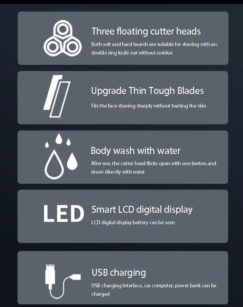 New Smart Electric Shaver LCD Digital Display Three-head Floating Razor USB Rechargeable Washing Multi-function Beard Knife