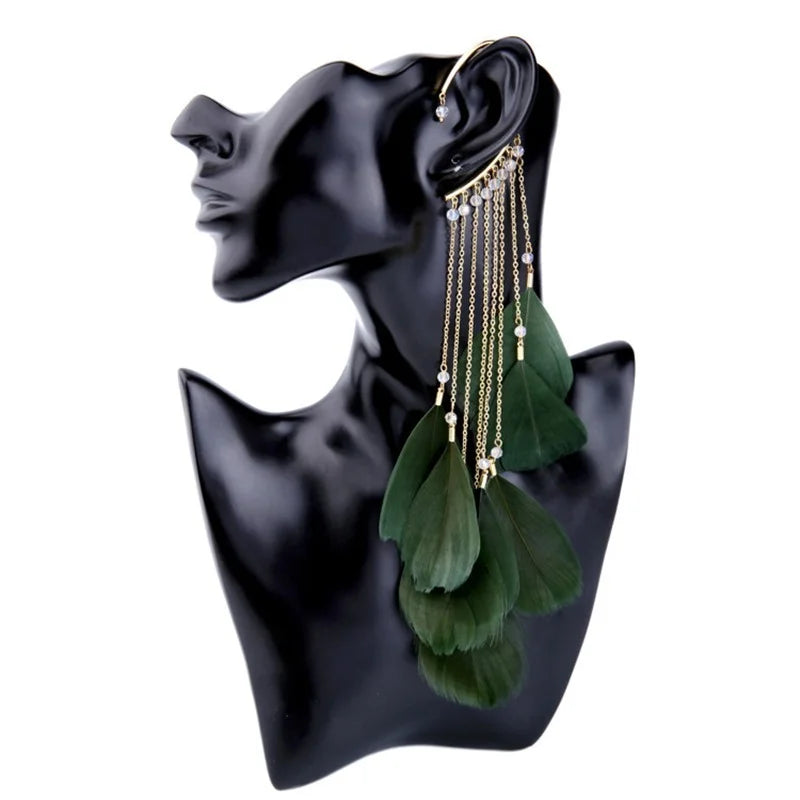 Bohemian Colour Feather Ear Hook Clip on Earrings Without Piercing for Women Accessories Long Tassels Cuff Earring Jewelry