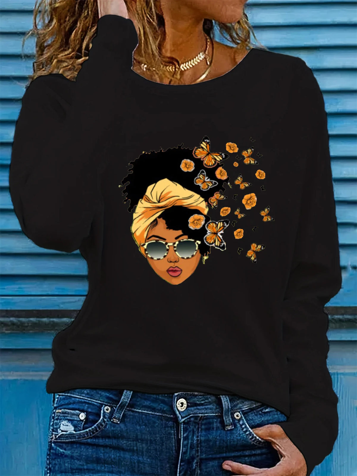 100% pure cotton women's spring and autumn casual fashion long sleeved butterfly and portrait graphic printed round neck T-shirt