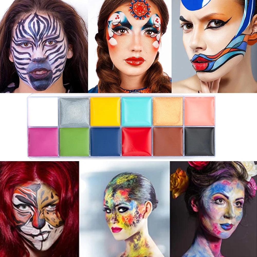Face Body Oil Paint Palette 12 Colors Stage Special Effects Halloween Mardi Gras Makeup Body Art fancy Dress Tattoo painting