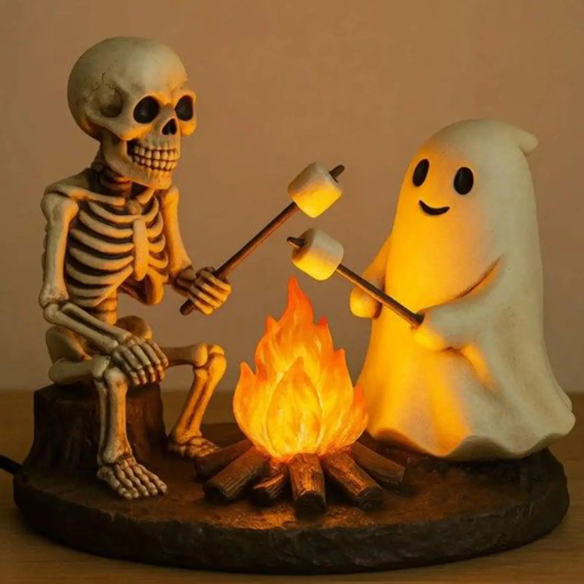 Halloween Skeleton & Ghost Bonfire Night Lamp, Flickering Campfire Nightlight, Spooky Indoor Tabletop Home Decoration Ornament