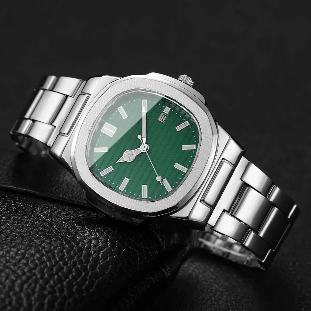 Luxury Men Business Watches Fashion Square Dial Stainless Steel Strap Quartz Watch with Calendar For Mens Clock（Without Box）