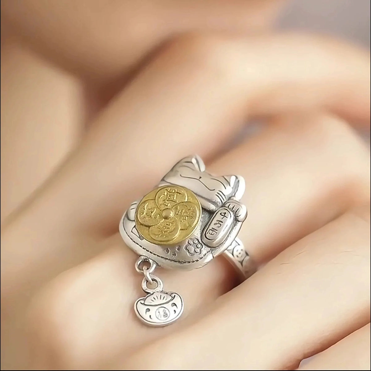 New Chinese Style Retro Transportation, Wealth Attracting Cat Ring, Female Rotatable Opening Adjustment, Niche Ring Accessories