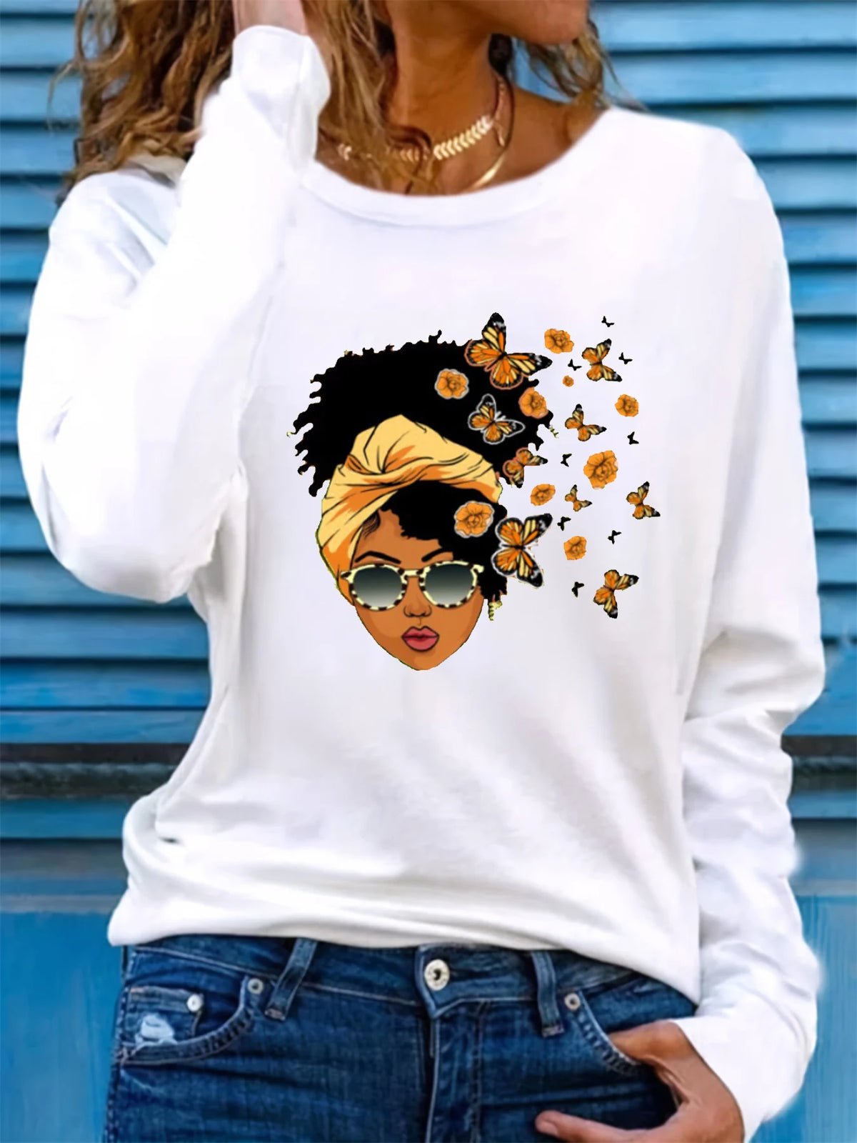 100% pure cotton women's spring and autumn casual fashion long sleeved butterfly and portrait graphic printed round neck T-shirt