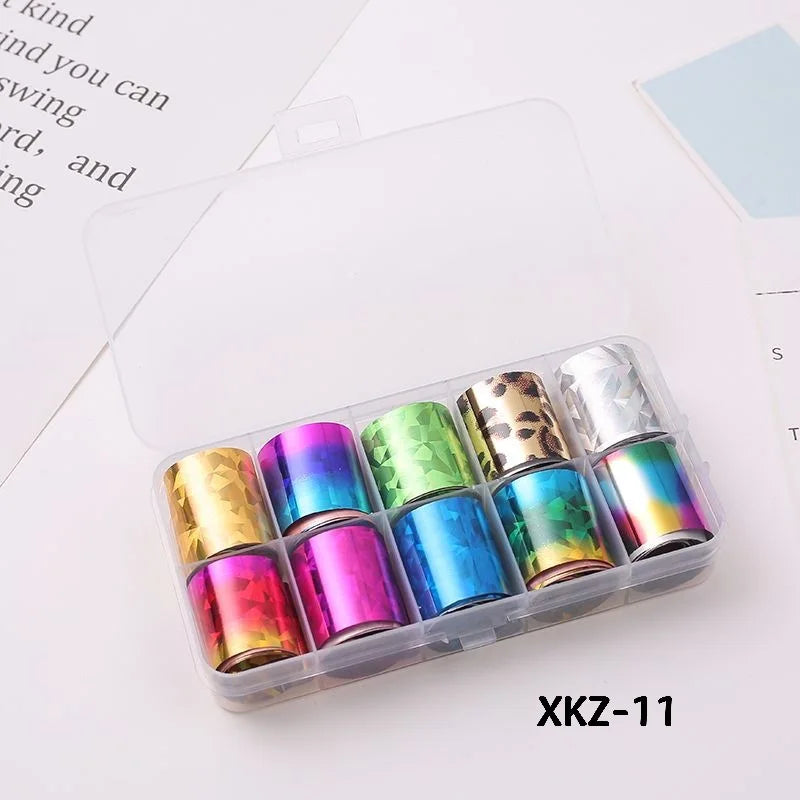 10 Rolls/ Box Charm Nail Foils Polish Stickers Metal Color Starry Paper Transfer Foil Wraps Adhesive Decals Nail Art Decorations