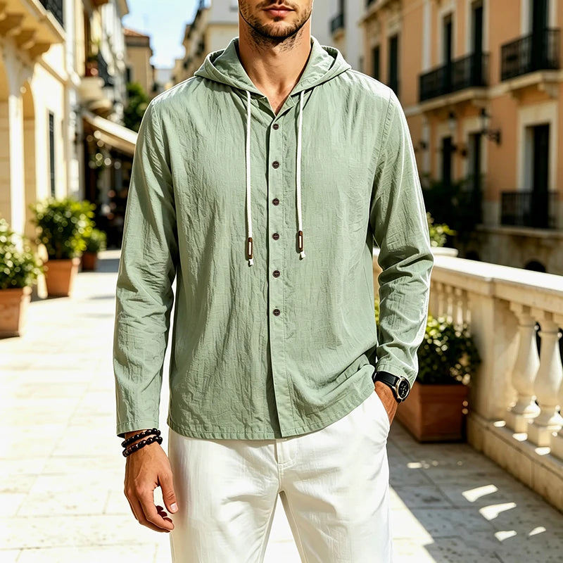 2026 New Men Linen Hooded Long Sleeve Shirt Drawstring Hood Casual Beach Vacation Travel Daily Walking Button Down Blouse