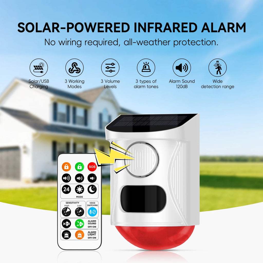 Solar Strobe Alarm Light with Motion Sensor Siren Outdoor Alarm Siren with Remote Controller 120db Sound Security Siren Light