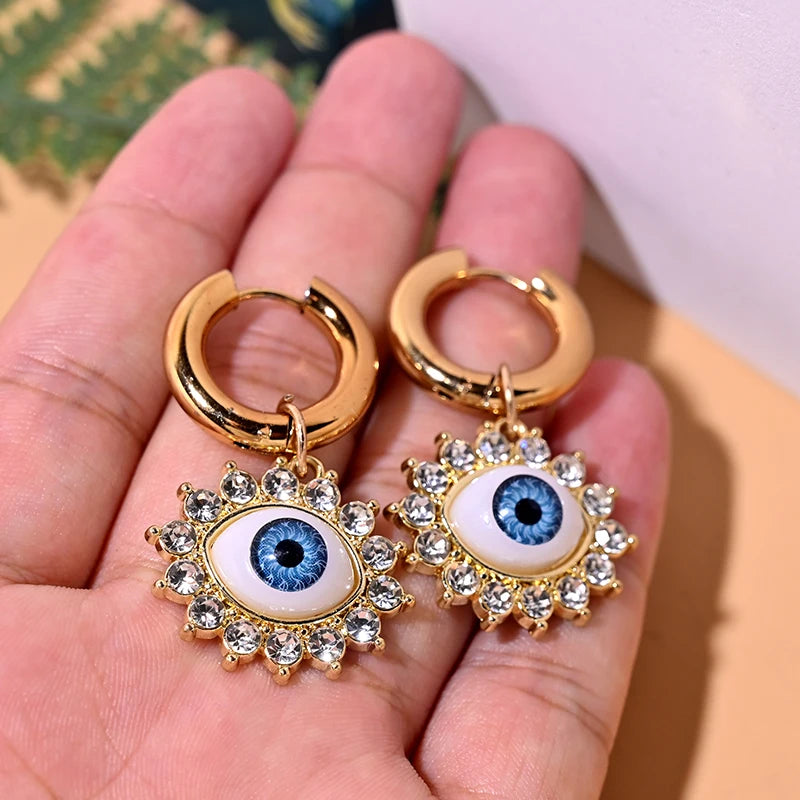 Stainless Steel Hoop Earrings for Women Rhinestone Alloy Evil Eye Fashion Ear Buckle Jewelry Accessories MOON GIRL