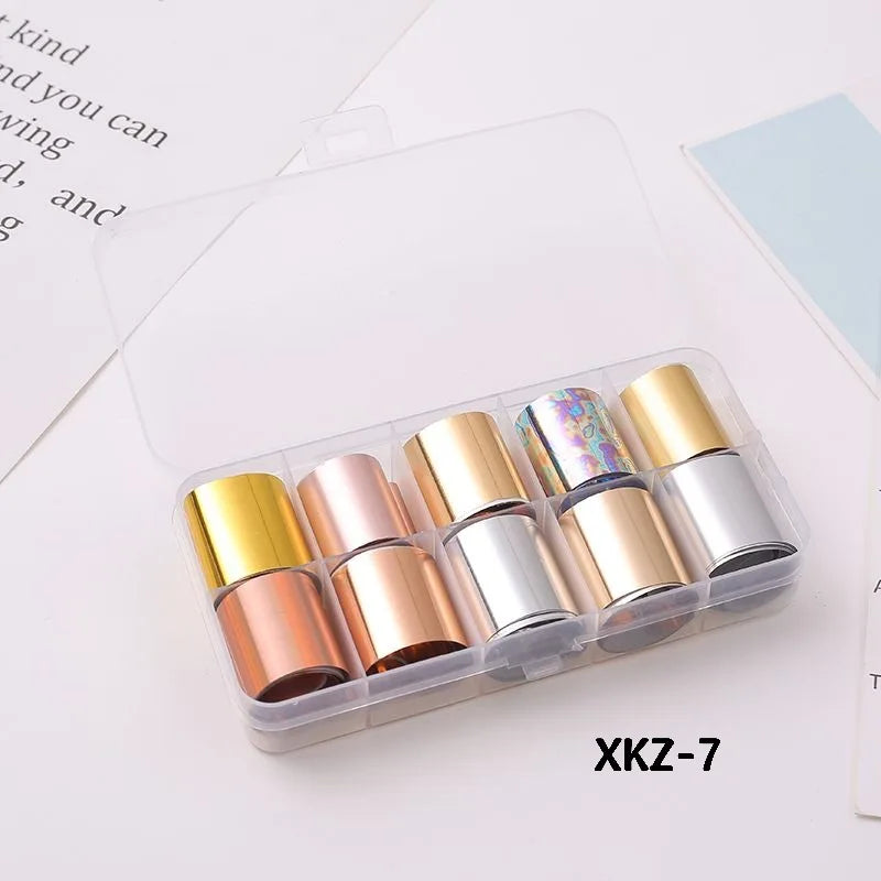 10 Rolls/ Box Charm Nail Foils Polish Stickers Metal Color Starry Paper Transfer Foil Wraps Adhesive Decals Nail Art Decorations