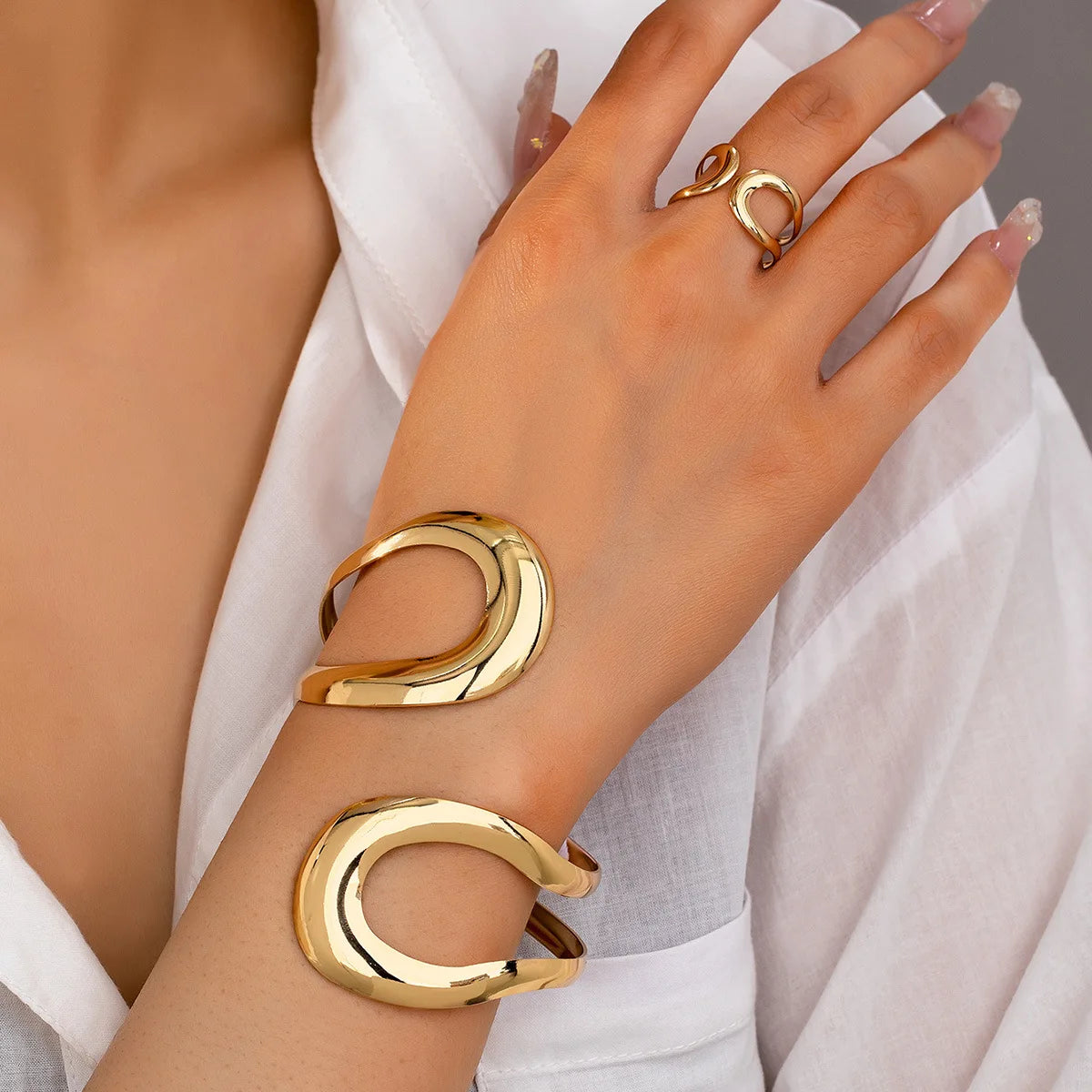 2-piece Fashionable Geometric Imitation Pearl Multi-layer Bracelet Ring, Women's Personalized Trendy Party Accessories Jewelry