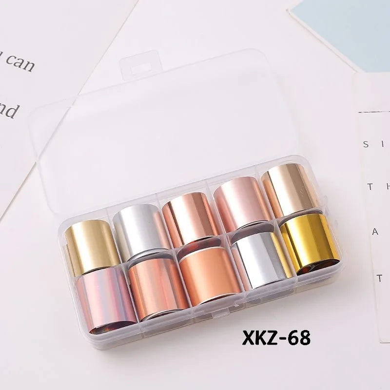 10 Rolls/ Box Charm Nail Foils Polish Stickers Metal Color Starry Paper Transfer Foil Wraps Adhesive Decals Nail Art Decorations
