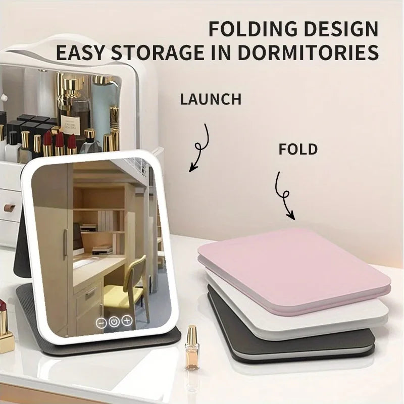 LED Makeup Mirror 3 Colors Lighting Dimmable with Touch Screen Fold Cosmetic Makeup Mirror Rechargeable Tabletop for Travel Home