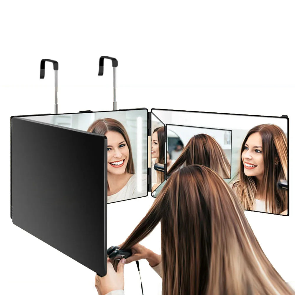 Black Portable 360 Mirror with Height Adjustable Telescoping Hooks Ideal for Self Hair Cutting Makeup Essential Fordable