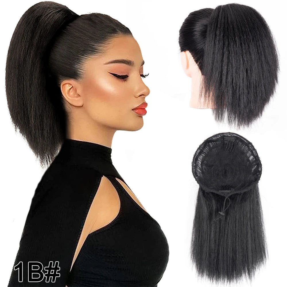 10Inch Kinky Straight Ponytail Afro Puff Yaki Straight Drawstring Ponytail Extension For Black Women Synthetic False Ponytail