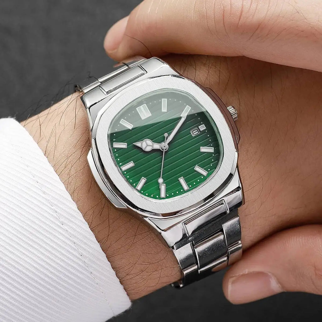 Luxury Men Business Watches Fashion Square Dial Stainless Steel Strap Quartz Watch with Calendar For Mens Clock（Without Box）