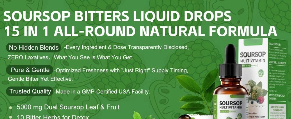 Soursop Liquid Drops Herbal Extract Plant Based Supplement with Soursop Fruit and Leaf Blend Daily Wellness Formula Vegan