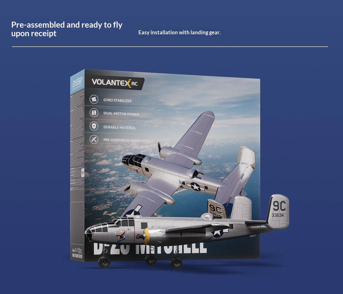 Volantex B25 Mitchell Bomber Remote Control Rc Fixed Wing 3 Channel Dual Motor Foam Airplane With Xpilot Stabilization System
