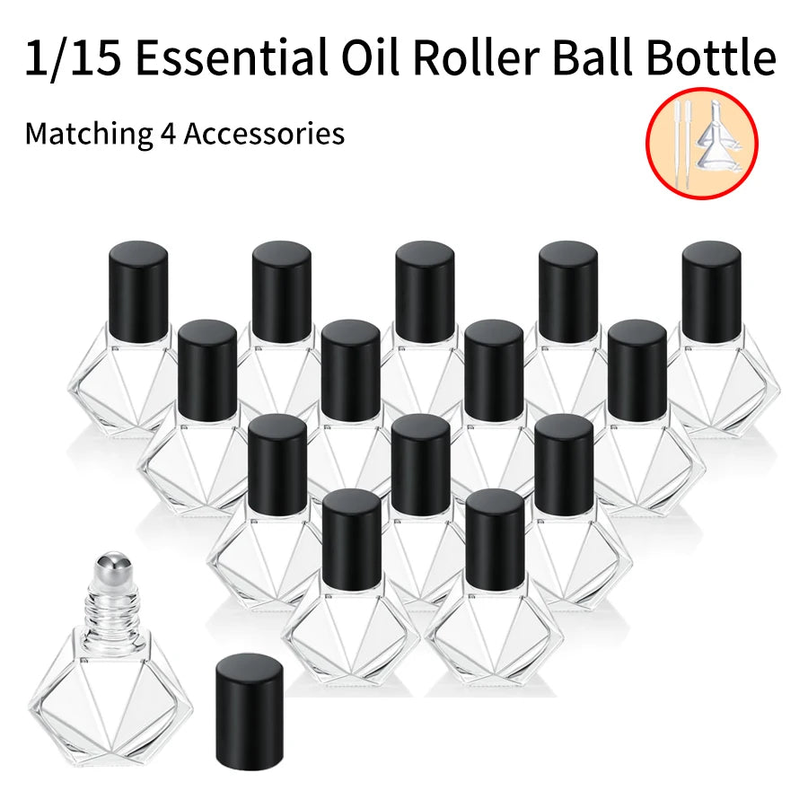 1/15pcs+4 Accessories Clear Glass Polygonal Essential Oil Roller Ball Bottles with 15 Roller Ball Bottles, 2 Funnels, 2 Straws