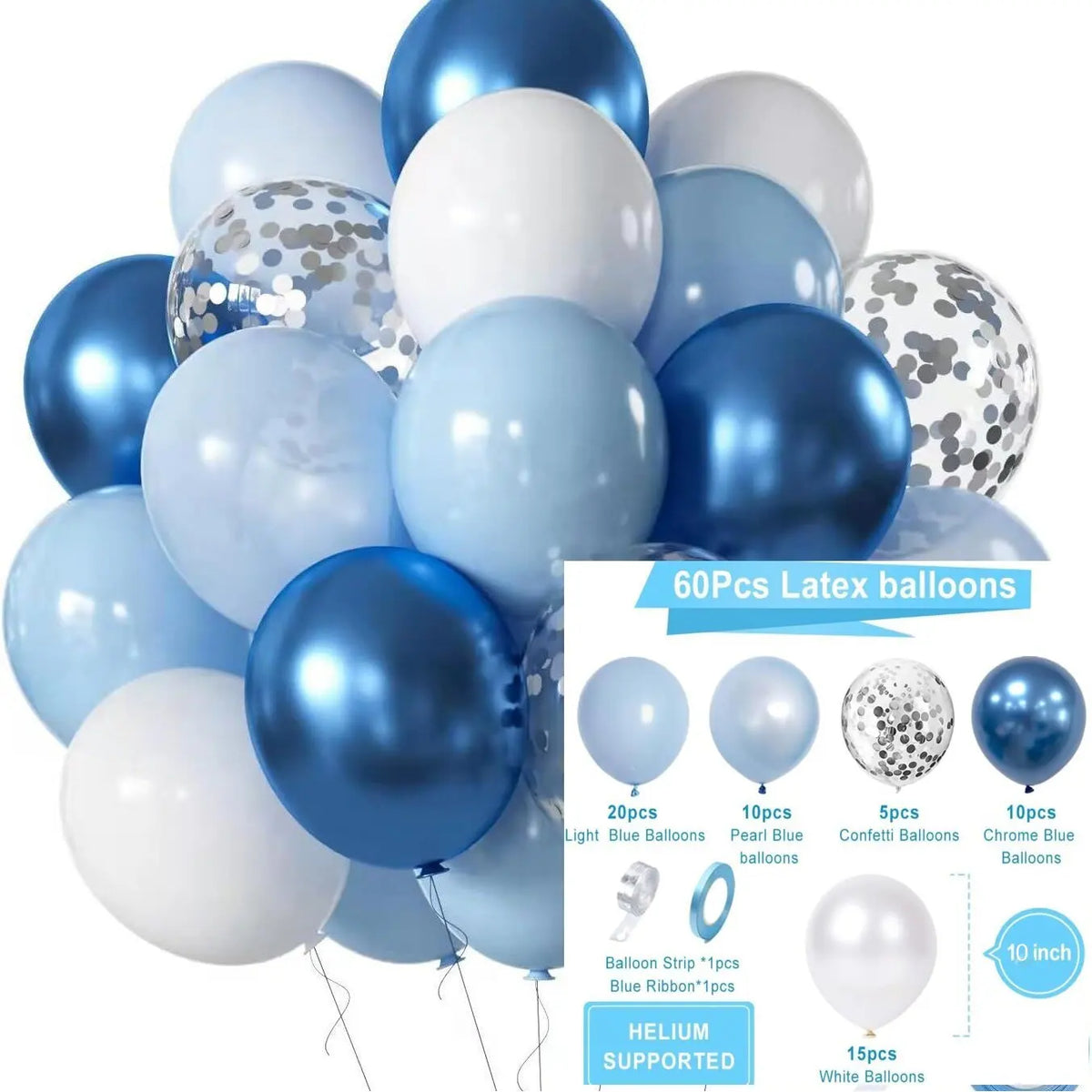 62Pcs Macaron Blue Confetti Balloon Set For Bohemian Baby Showers, Weddings, Boys' Birthdays, Graduation Decorations
