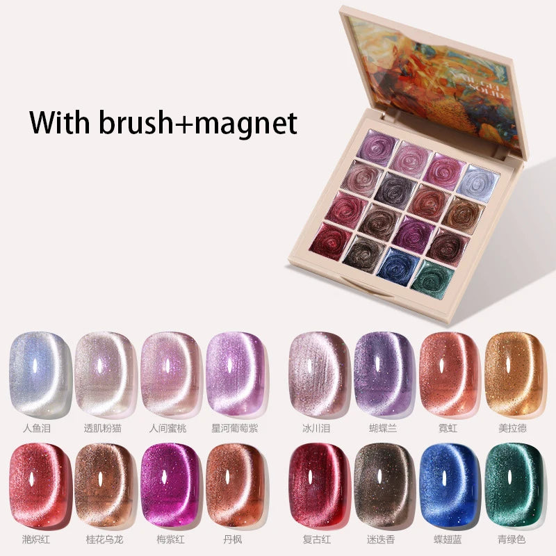 16colors Japanese Holographic Glitter Mirror Porcelain White Cat Eye Gel Polish Palette Magnetic Galactic Effect Gel Nail Polish