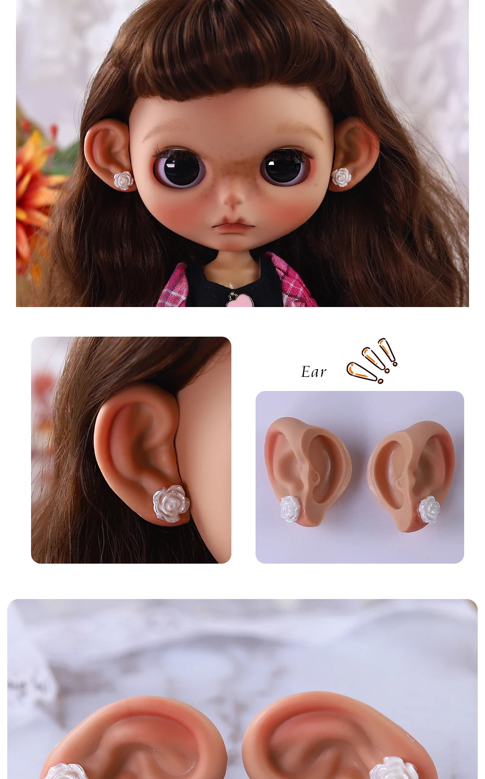 Blyth 1/6 Doll Ear: Hand-painted Ears with Rhinestone Texture and Openwork Design DIY Accessories for 30 cm Dolls
