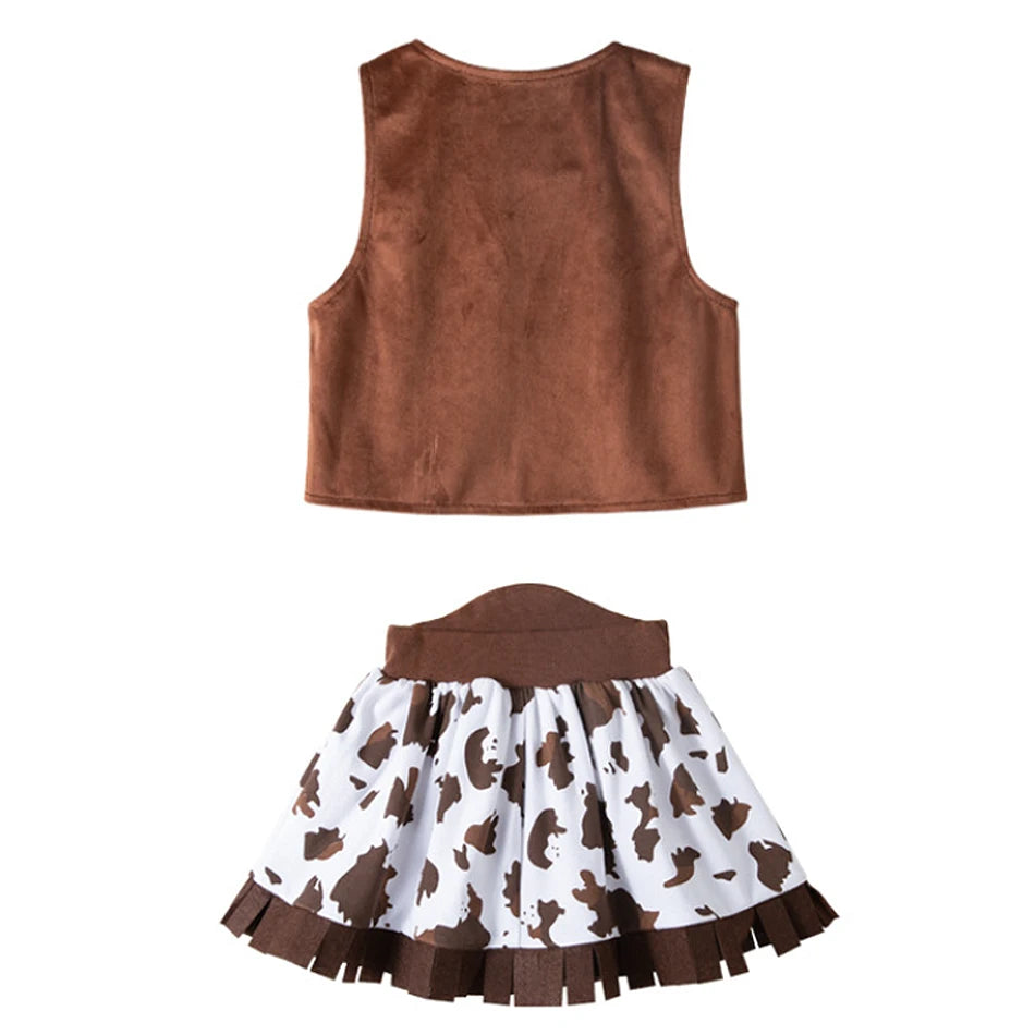 Kids Cowgirl Cosplay Vest Skirt Hat Set Girl Festival Performance Outfit Child Carnival Xmas Halloween Party Masquerade Clothing