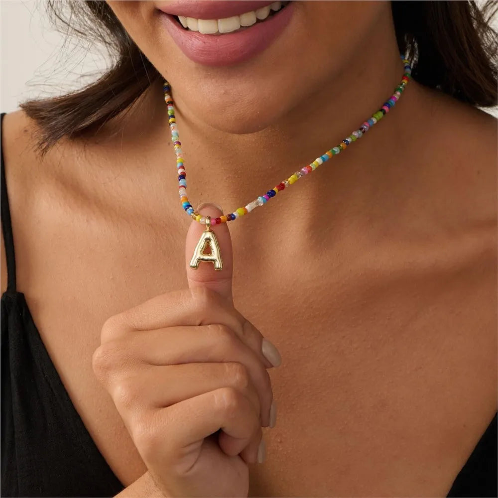 Initial 26 Letter Colorful Beaded Pendant Necklace for Women Vintage Boho Choke Collares Trendy All-match & Exquisite Jewelry
