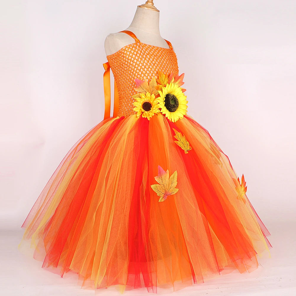 Maple Leaf Sunflower Fairy Costumes Girls Fall Autumn Long Tutu Dress for Kids Thanksgiving Halloween Fancy Outfit with Wings