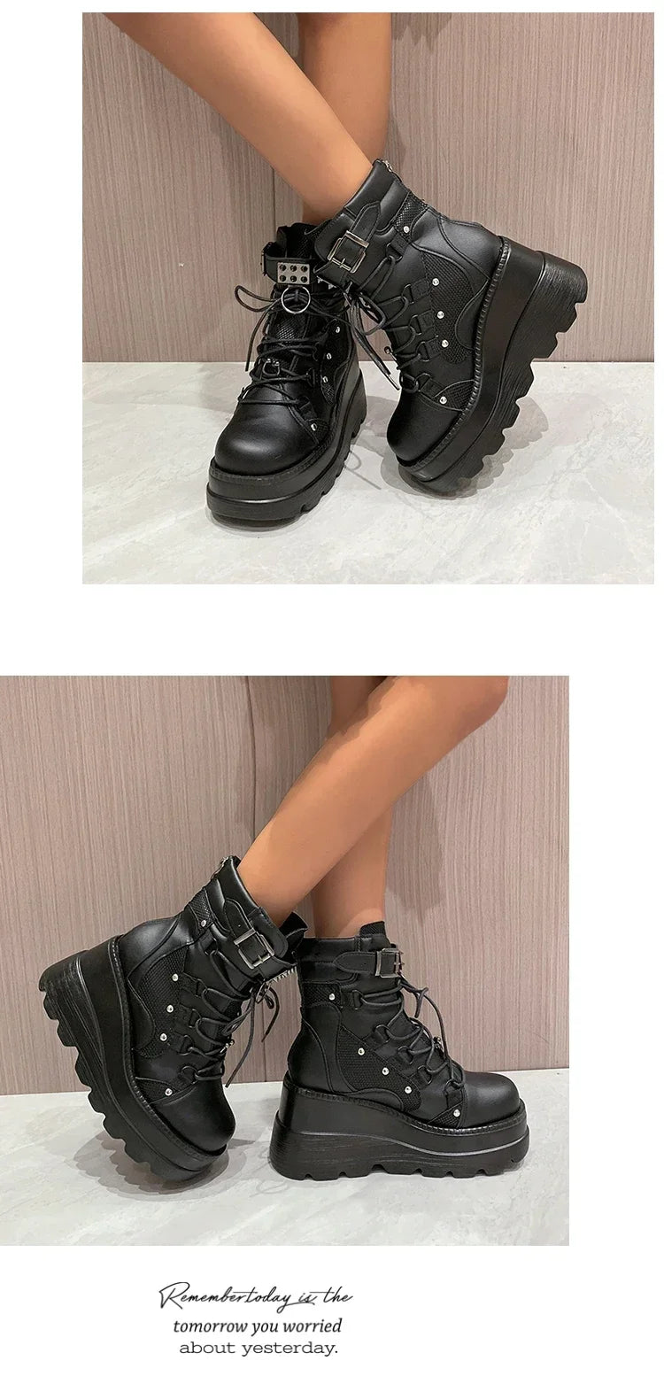 2025 New Design Women Punk Gothic Motorcycle Boots Platform Chunky High Heel Ankle Boot Ladies Cool Wedge Black Female Shoes