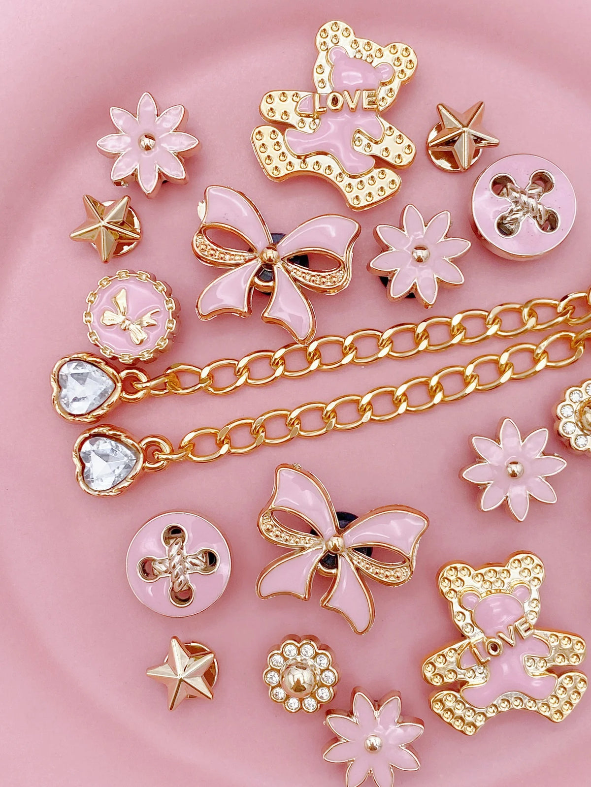 20 Pcs Trendy Pink Bear Chain Shoe Charms, Detachable DIY Accessories for Garden Shoes & Sandals, Versatile Outdoor Shoe Decorat