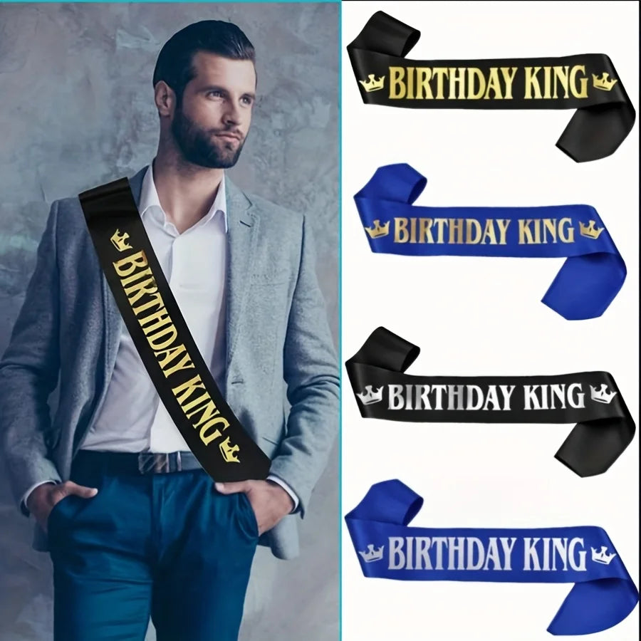 1pc Gold Foil Black Satin Birthday King Sash Banner, Men & Boys Happy Birthday Fun Party Decor Accessory Supplies Favor Gift