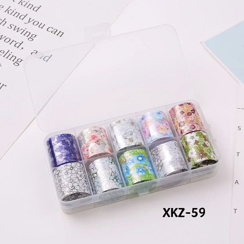10 Rolls/ Box Charm Nail Foils Polish Stickers Metal Color Starry Paper Transfer Foil Wraps Adhesive Decals Nail Art Decorations